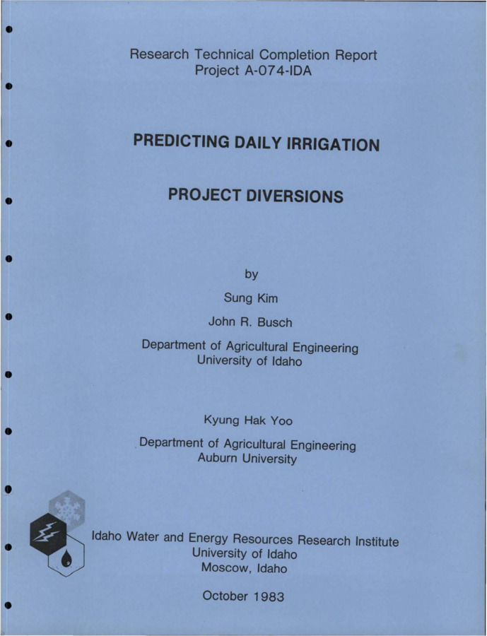 The purpose of the research reported was to develop and apply methods for predicting daily irrigation diversions. Two types of models were developed to effectively predict diversions one day in advance and were applied to two large irrigation projects located in southeastern Idaho. The types of procedures developed and tested were (1) physical and (2) statistical procedures. In addition, variables related to predicting diversions were presented and their relationships described. The physical model developed was designed to accurately represent the physical processes of water conveyance and use in an irrigation system. Required inputs included crop consumptive use and irrigation efficiencies in conjunction with time variables such as irrigation interval, irrigation application time and traveling time in the system. Results from the physical model indicated that more data would be necessary for accurate predictions in addition to updating procedures to account for seasonal variations within the system and management. Statistical models were developed using multiple regression techniques. Required inputs included evapotranspiration, precipitation, weekly variation of water use, previous diversions and dummy variables used to account for monthly and seasonal variations of soil moisture management. Predictions from the statistical model followed actual diversions quite closely for three irrigation seasons. It was concluded that the statistical models were superior to the physical modeling approach for predicting irrigation diversions.