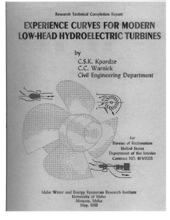 This report contains the research findings of an extensive investigation of characteristics of over 300 low-head hydraulic turbines that have been manufactured all over the world. These results are presented in the form of experience curves and regression equations relating the traditional turbines constants of specific speed, speed ratio, unit power, and cavitation coefficient to such parameters as rated head, rated discharge, rated power output, runner speed, and runner diameter. Additional information on the characteristic dimension of the water passages is also presented. Traditional methods of estimating turbine diameter and turbine speed have been checked with actual practice and new simplified methods for estimating turbine diameter and turbine speed have been proposed and verified. A comparison has been made as to how well the draft tube exit velocities on manufactured units are complying with recommended limits. Rather limited success was obtained in characterizing the turbine setting parameter and its relation to the specific speed. Excellent comparisons were possible with published regression relations and experience curves of conventional reaction turbines.