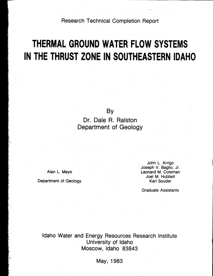 This report presents the results of a regional study of thermal and non-thermal ground water flow systems In the thrust zone of southern Idaho and western Wyoming. The study involved hydrogeologic and hydrochemical data collection and Interpretation. Particular emphasis was placed on analyzing the role that thrust zones play In controlling the movement of thermal and non-thermal fluids.