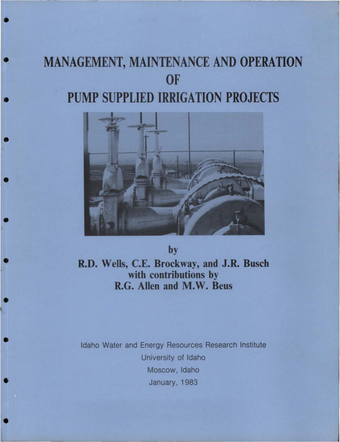 Ten pump supplied irrigation projects in the Pacific Northwest cooperated in this study. Water use data was collected. Pumping systems were tested for their energy efficiency on each project and data are presented. Special problems were studied and solutions were developed. Methodologies were developed to aid in systematically critiquing pump supplied irrigation systems and the cooperating irrigation projects were critiqued. A methodology was developed to access the attitudes of management on a variety of subjects and the managers of each project participated by answering a standard set of questions. Four computer routines were developed to supply management with some tools to use in planning and analysis. The routines were used to study project operation. Real situations are described in a set of case studies. This final report consists of four parts. Part I is a set of users' guides for computer programs useful as water management tools. Part II is a description of methods and procedures of measuring (pump) irrigation project performance, analyzing the data, and presenting the results. Part III is a set of five case studies where the tools of Part I and the procedures of Part II were applied to real situations. Appendix D, the fourth part, is a set of data from pump tests, which were conducted during this study. Submitted to the U.S. Department of Agriculture, Agricultural Research Service.