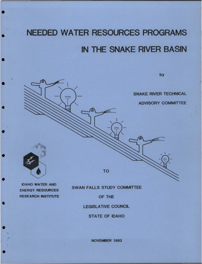 In April, 1983, Idaho Power Company prepared to enter into a unilateral program to provide hydrologic information on the Snake River and Snake Plain Aquifer. This effort was to be in support of litigation on the Swan Falls power right dispute. Recognizing that a unilateral approach by any entity would be less credible and more costly than a unified effort by recognized water resources organizations, the company agreed to fund a Technical Advisory Committee as Phase I of a broad technical study. [...] The purpose of the Technical Advisory Committee was to determine the scope and priority of needed hydrologic studies required to assist in planning, management, water rights administration, regulation and litigation of the Snake River system in Idaho above Swan Falls. [...] Specific tasks outlined for the Technical Advisory Committee were: (1) To evaluate the current base of hydrologic and planning data available to all water resource planners, administrators, managers or users, including river and canal flows, groundwater levels and discharges, water use and water rights. (2) To determine insufficiencies in both the data base and in knowledge of hydrologic and hydrogeologic relationships necessary to fulfill and evaluate each user's purpose. (3) To determine additional data requirements and/or analytical procedures necessary to develop common data bases and relationships usable by all entities. (4) To determine needs and scope technical studies adequate to develop common data bases, projections, and relationships usable by all entities. (5) To develop a final report. [...] The committee met eight times during the period June 29 through November 28, 1983. While the Committee attempted to arrive at a consensus in making its recommendations, this report is not a statement of position or opinion by any of the Committee members or their employers.