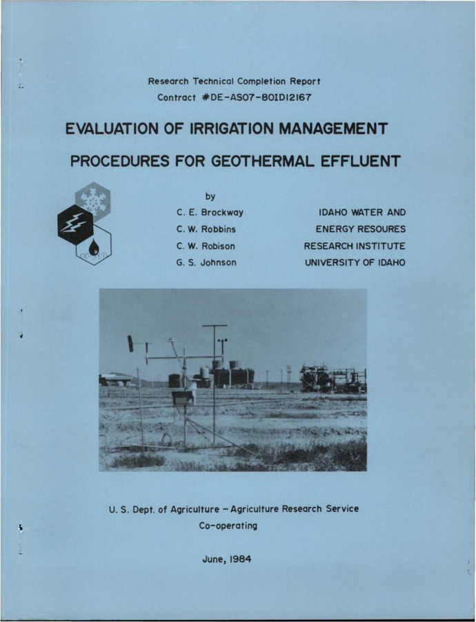 An investigation was conducted to determine the feasibility of geothermal power plant effluent disposal by surface irrigation and the resulting impact on the shallow aquifer. The study was conducted at the Raft River Experimental Geothermal Power Plant site near Malta, Idaho, and at the Snake River Conservation Research Center with soils and effluent obtained from the geothermal power plant site. The conclusions of the investigation were: (1) Salinity hazard to the shallow aquifer is minimized by high-rate irrigation of previously irrigated lands due to the high amounts of soluble salts found in the native soils. (2) Irrigation disposal of effluent will cause little if any fluoride contamination of the shallow aquifer. (3) The irrigation method best suited for disposal is surface irrigation with borders. The irrigation system will experience problems with cold weather operation. Crop emergence will be hindered by border irrigation. (4) Recommended cropping systems on disposal lands are grain and forage crops, providing the portion harvested did not have contact with the effluent. (5) Two mechanisms in the soil were apparently removing fluoride from the effluent. One mechanism was identified (fluorite precipitation) and one was not. Further study is needed to determine the other mechanism.