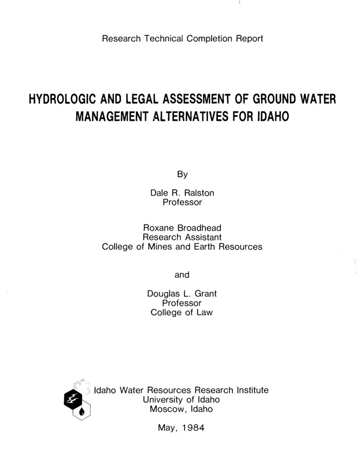 This report is a hydrologic and legal assessment of conjunctive management of surface and ground water with emphasis on the water resources of the upper Snake River Basin in Idaho. The first portion of the report is the development of a hydrologic management classification of basins tributary to the upper Snake River. The last part of the report is a legal examination of the uncertainties and complexities of conjunctive management of surface and ground water under the appropriation  doctrine. Eleven basins tributary to the upper Snake River were selected for detailed study based upon existing data: Little Lost River, Big Lost River, Big Wood River-Silver Creek, Camas Prairie, Portneuf River,  Michaud Flats, Rockland, Raft River, Rock Creek-Goose Creek, Salmon Falls Creek and Blue Gulch.   Most of the south side tributary valleys have either existing or potential overdevelopment problems.  Calculation of time lag estimates between pumpage in a tributary basin and impact on the Snake River are based upon lag times within the individual basins as well as the Snake Plain aquifer, if appropriate. Several basins have estimated lag times of more than 100 years.  The legal uncertainties and complexities of conjunctive management examined as part of this study  include: questions involving the magnitude and timing of the impact of junior tributary diversions upon supplies in the main source, both in private litigation between water users and in administrative regulation of water use; selection of junior tributary diversions for closure when senior appropriators on the main source are not receiving their full supplies; questions of burden of proof both in private litigation and in administrative regulation; and the influence of policy objectives upon conjunctive management decisions. A number of more or less technical legal issues are identified and discussed. Where Idaho law gives little guidance, comparison is made to legal developments in Colorado. The study also focuses on a fundamental and difficult policy issue that may arise in a number of conjunctive management situations, conflict between the policies of vested rights and optimum development.
