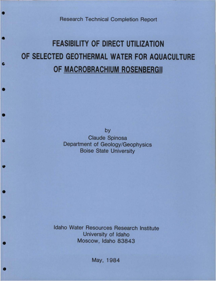 The purpose of the study reported was to test the feasibility of direct utilization of geothermal water for the aquaculture f Malaysian freshwater prawns (Macrobrachium rosenbergii). A problem with using geothermal water for aquaculture is the chemical composition of the water with high fluoride levels being a particular problem. Results from this study show that (1) some geothermal water in Idaho can be used directly for the aquaculture of Macrobrachium rosenbergii, (2) high fluoride levels cannot be directly correlated with high mortality rates, and (3) low fluoride levels do not correlate with high growth rates.