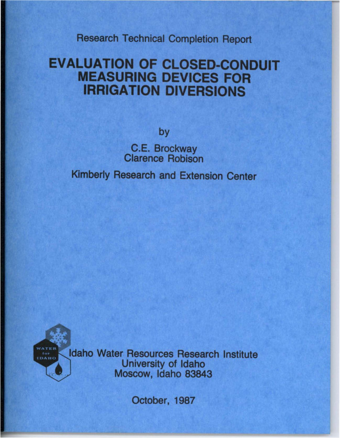 A field evaluation of closed conduit flow measuring systems was conducted to determine technically acceptable devices and develop guidelines for measuring irrigation water diversions from surface and ground water sources in the State of Idaho. Recommendations are made for standard installation of acceptable commercially available meters. Types of meters evaluated include propellor, impellor, turbine, differential head, and ultrasonic devices. The nature and quality of the water supply and the hydraulics of the diversion or distribution system greatly influence the acceptability of any flow measuring device and the average water user will not have sufficient technical knowledge for meter selection and placement in his system. Typically, most meters have advertised accuracies of two percent and were shown to have field accuracies within  10 percent.
