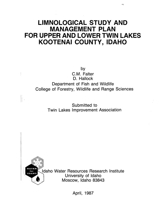 A water quality study of Twin Lakes was conducted by the University of Idaho from April, 1985 through August, 1986 with three objectives: 1) to estimate nutient loading and partition loading to major sources, 2) to define the present trophic state of Upper and Lower Twin Lakes, and 3) to formulate a lake and watershed management plan with the goal of protecting or improving water quality. Submitted to Twin Lakes Improvement Association.
