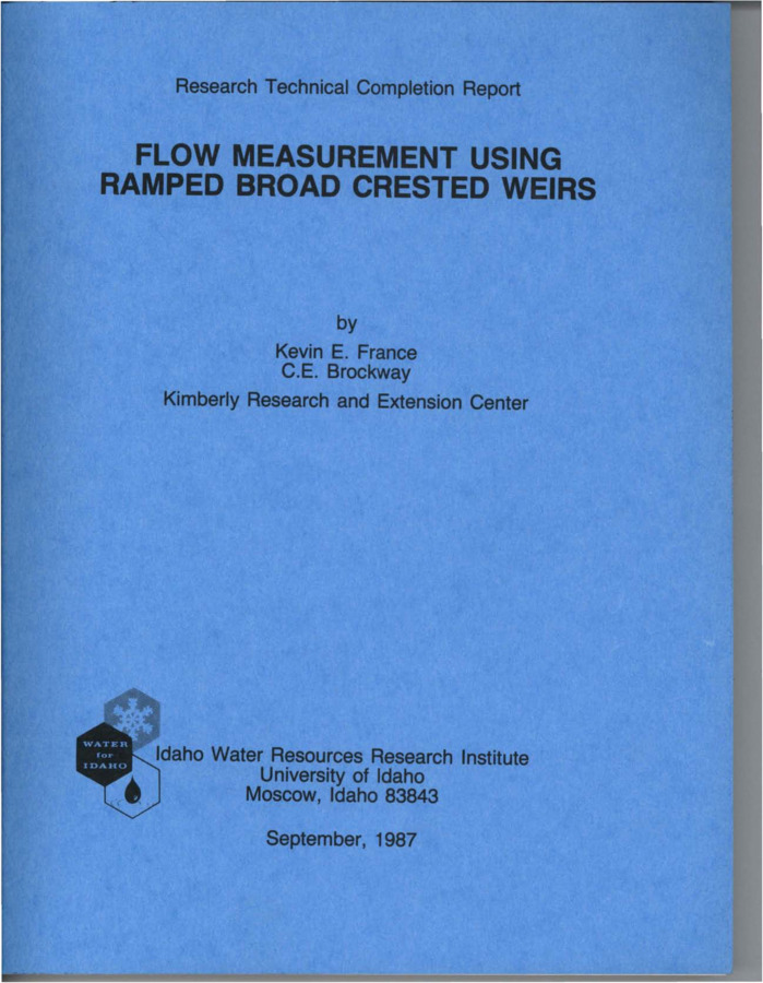 A low cost flow measurement device that will provide real-time data is needed for use in irrigation water distribution. In addition it must be easily calibrated, require low operating head, and require little if any periodic current meter measurements to verify the rating curve. The project goal was to evaluate the use of computer calibrated ramped broad crested weirs in establishing a stable stage-discharge relation within the head constraints of most irrigation canals. Structures were built in six canals in southeastern Idaho. Design discharges ranged from 100 to 600 cubic feet per second, while tailwater depths range from 2.75 to 5.45 feet. The required head loss at the design discharges ranged from 0.29 to 0.50 feet. Weirs were calibrated using as-built dimensions in the computer model and the calibration was verified by current metering of the canals every two weeks during the summer of 1986. The current metered flows and weir predicted flows usually differed less than 3 percent. Two of the weirs experienced submergence problems due to construction anomalies rather than weir characteristics. Recalibration using as-built dimensions in the computer model allows construction tolerances to be relaxed. Due to this and the simple geometry, ramped broad crested weirs are less than one fifth the cost of an equivalent Parshall flume. Both Water District 1 and the involved canal companies were pleased with the performance of the weirs. Submitted to Water District 1, Idaho Falls, Idaho.