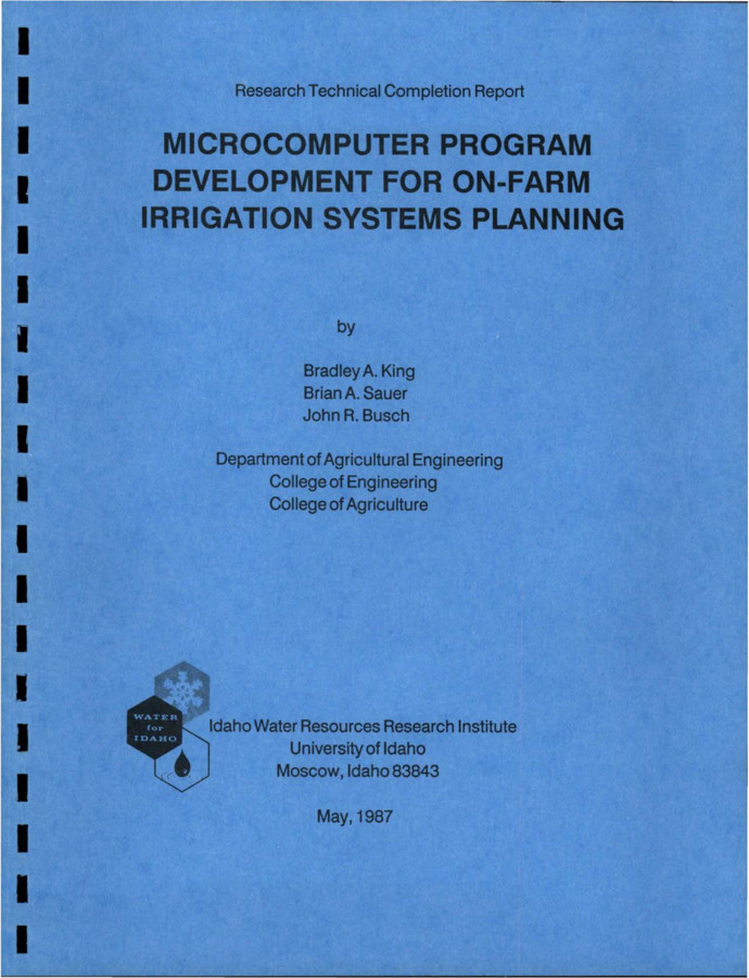 A simulation modeling package has been developed for the purpose of critically evaluation on-farm  irrigation water supply and application systems under Pacific Northwest conditions. The entire package is designed to be executed on a microcomputer. The modeling package incorporates climatic, farm layout and management factors in conjunction with irrigation systems information. The modeling procedure can consider up to 6 different application systems supplied from a common water source applying water to a total of 11 fields. The crop rotation pattern for each field can be up to 9 years with 2 crops per year. The entire modeling process consists of (1) construction of a data file by specifying the site-specific information and the irrigation system(s) to be evaluated, (2) an analysis of irrigation system components, and (3) simulation of system operation. [...] The procedure is designed to be used as a planning tool for determining the projected operation of an irrigation system on a given farm under site-specific conditions. [...]