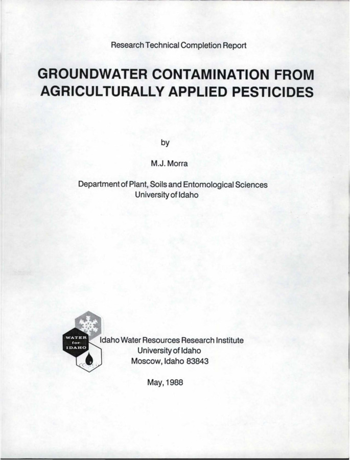 Approximately 90 percent of the public water supply in Idaho originates from groundwater, thus making potential pesticide contamination a key issue. A small, but significant portion of the applied pesticide is transported through the soil column more quickly than predicted by currently available models. It has been proposed that increased pesticide mobility occurs as a result of pesticide complexation with a water soluble soil organic fraction, in which the pesticide-organic complex moves faster than the pesticide alone. The present research project is being conducted to (1) develop the methodologies for qualitatively and quantitatively studying pesticide complexation with water soluble soil materials, (2) define the key variables controlling complexation, (3) compare predicted complexation and pesticide mobility alteration with actual results obtained in simulated field situations, and (4) propose a model input variable to produce more accurate estimates of pesticide transport in soil. [...]