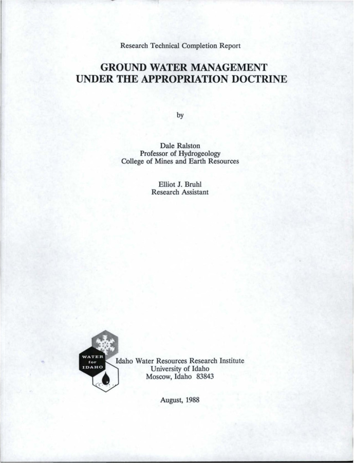 The purpose of this research is to better understand the characteristics of ground water management under the prior appropriation doctrine in the western United States. The general objective is to summarize legal and administrative controls on ground water use in eight wester states and to compare the impacts of these controls on ground water systems. The history of groundwater management in the states of Montana, Utah, Oregon, Washington, Idaho, Colorado, New Mexico and Arizona suggests a temporal development pattern of management stages. Different management stages may be identified depending on whether the state considers the resource as renewable or nonrenewable. [...] State water management agencies often do not utilize fully the statutory powers which are available. Difficulty is encountered in applying the priority principal to controlling ground water pumpage because of the storage or stock aspects of the resource. Most states have developed management area programs to identify areas of ground water overuse and to reduce pumpage. However, in practice, the states have universally utilized the designations to limit the development of ground water by preventing new appropriations rather than achieving the statutory goals of a recharge-discharge balance and maintenance of reasonable and economically feasible pumping lifts.