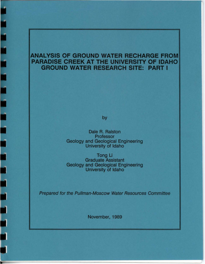 The purpose of this report is to increase the understanding of ground water recharge to basalt aquifers in the Pullman-Moscow basin. The general objective is to utilize wells at the University of Idaho Ground Water Research Site to study the interrelationship between  Paradise Creek and shallow alluvial and basalt aquifers. The specific objectives are as follows: (1) monitor ground water levels and surface flow discharge in the Paradise Creek at the UI Ground Water Research site, (2) analyze the water level and surface flow data with respect to site hydrogeology, and (3) describe the controls for recharge of shallow aquifers from streams in the area.