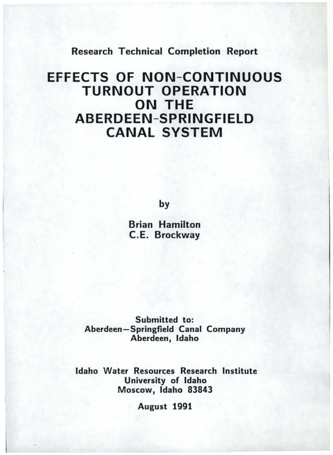 The Aberdeen-Springfield Canal, a large open channel irrigation system in southeastern Idaho, is experiencing fluctuating flow rates and water levels due to the non-continuous operation of some pumped turnouts. The fluctuations cause problems in system management and flow variations at other turnouts which require a constant water level to receive a steady flow of water. The canal system was simulated using the hydraulic simulation model CANAL, developed at Utah State University. The objectives were to determine the effects of the non-continuous turnout operation and to evaluate the effects of alterations to the canal system upon fluctuating flow rates and water levels. Simulations evaluated increasing the number and size of spillways, modifications to channel cross sections, modification and addition of check structures, and restricting the timing and number of turnouts with non-continuous flow. Non continuous turnout operation was found to cause little variation in water level in some areas of the canal system, and large variation in others. This fluctuation was largely dependent upon the volume of flow, canal cross section, and the presence (or absence) of spillways. Feasible alterations to the canal system had limited effects upon the fluctuations in flow rate and water levels caused by the non-continuous turnout operation. Limiting the number of turnouts operation non-continuously and the length of time for which the turnouts operated non-continuously was effective in controlling the resulting fluctuations. Submitted to the Aberdeen-Springfield Canal Company, Aberdeen, Idaho.