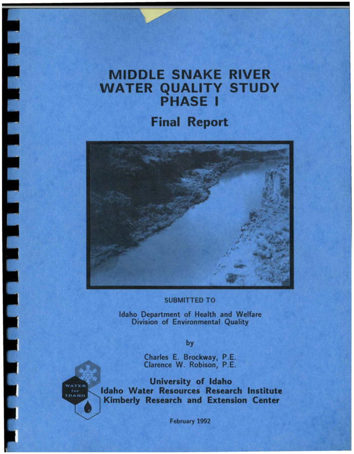 The purpose of the project was to collect, analyze, assemble, and assess water quality data and resulting chemical/nutrient loads entering and transported in the Middle Snake River Reach of Idaho. This reach is defined as the reach between Milner Dam and King Hill. A database of historical, pertinent water quality data were prepared and formatted for inclusion in the STORET national water quality database. Concurrent sampling of 55 sites, including 13 instream sites, effluent from 10 fish hatcheries, 19 irrigation return flow streams, and 13 tributary streams, was conducted for the period of June 1, 1990 through July 25, 1991. Data will be utilized in a river water quality model being developed by the EPA. This reach of the Snake River accumulates and transports up to 30 tons/day of nitrate+nitrite N, 2 tons/day of phosphate P, and 350 tons/day of suspended solids. Water quality in the reach is impaired by the nutrient and sediment loads and extreme low flows experienced over the last four years. Submitted to the Idaho Department of Health and Welfare, Division of Environmental Quality.