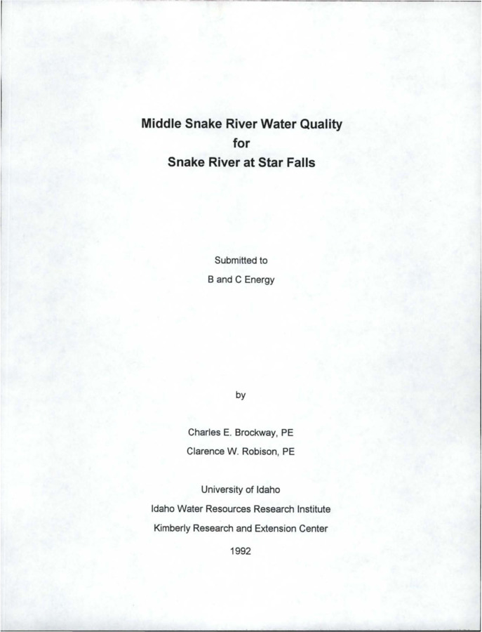 This report covers water quality data collected by the University of Idaho at Kanaka and Boulder Rapids located in the Middle Snake River. The Middle Snake River flows through an incised canyon from Milner Dam to King Hill. The present location and configuration of the river is the result of ancient canyon filling processes and erosion and sedimentation during the Pleistocene Bonneville flood (Malde, 1968). Star Falls and Murtaugh Bridge water quality stations are located in the upper portion of the Middle Snake River reach near Murtaugh, Idaho. The purpose of the water quality study was to develop base line water quality data on the Middle Snake River at Star Falls to assist in evaluating the impact of a proposed hydropower facility by B and C Energy. Sampling was conducted from July 1991 to December 1991 on a biweekly basis for the Star Falls station. The Murtaugh Bridge station was sampled concurrently with the Star Falls station approximately four times to provide data for establishing a relationship between the two sites. In an earlier water quality study by the University of Idaho, the Murtaugh Bridge station was sampled on a biweekly basis for an entire year. Submitted to B and C Energy.