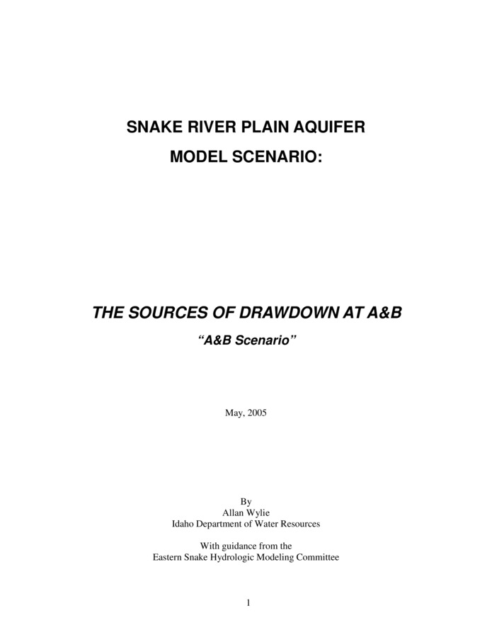 This scenario, Sources of Drawdown Beneath the A&B Irrigation District (also known as the A&B Scenario), is one of the many Snake River Plain aquifer model scenarios being developed to provide technical information that will be useful in resolution of convlicts among water users and in future water administration. A collective perspective involving analysis of amny scenarious will guide water management. These scenarios are being evaluated using the enhanced Snake Plain Aquifer (ESPA) Model. The present version of the Snake Plain aquifer model (version 1.1) was developed with funding provided by the State of Idaho, Idaho Power Company, the U.S. Geological Survey, and the U.S. Bureau of Reclamation. The model was designed with the intent of evaluating the effects of land and water use on the exchange of water between the Snake Plain aquifer and the Snake River. The model was developed by the Idaho Water Resources Research Institute (IWRRI) under the guidance, and with the participation of, the Eastern Snake Hydrologic Modeling Committee (ESHMC). The Idaho Department of Water Resources (IDWR) led the effort and active participants in the Committee included Idaho Power Company, the U.S. Geological Survey, the U.S. Bureau of Reclamation, IWRRI and technical experts representing affected users. The ESHMC also provided guidance while conceptually developing this scenario and reviewed this scenario upon completion. Documentation of the model and related activities are available from the IDWR. This "A&B Scenario" is intended to answer the question "Is the drawdown observed beneath A&B primarily due to ground water use at A&B, or is it largely due to other ground water use?"