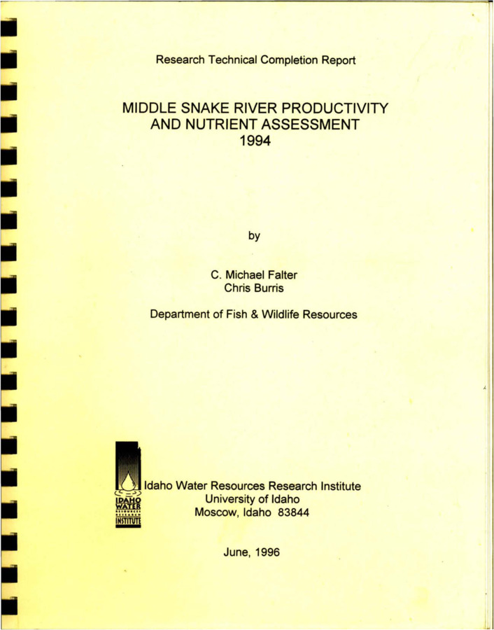 In 1994, the University of Idaho conducted a third year of research on the water quality-limited section of the middle Snake River from Twin Falls downstream to Upper Salmon Falls Dam (RM 614.8 - 581.0). This study focused on the highly productive shallow Crystal Springs Reach (Rm 599.5 - 601.3), rich in aquatic macrophyte development. In research during 1992 and 1993, the Crystal Springs Reach (CSR) was determined to be the most productive reach in the water quality-limited section. In the 1994 study described herein, we emphasized relationships in these plant beds and between the plants, water quality variables, and sediments. [...] This reach of the Middle Snake River is classified as eutrophic based on chlorophyll a concentrations, dissolved nitrogen and phosphorus concentrations, dense aquatic macrophyte growths, and sediment nutrient levels.