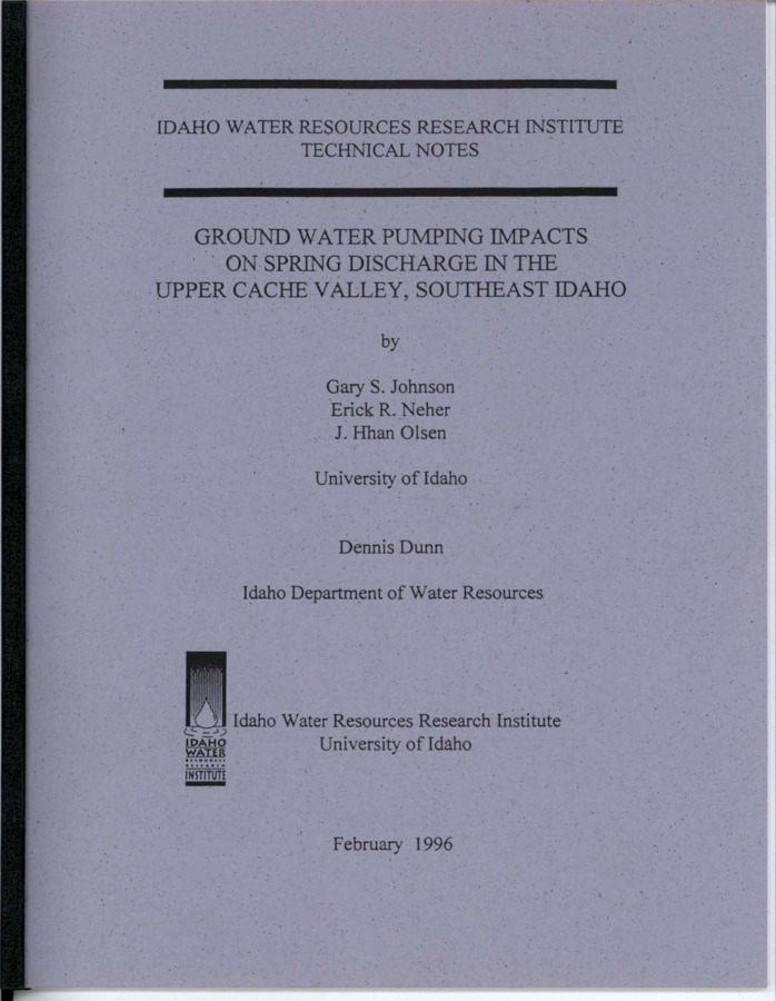 Ground water and surface water are often interconnected, consequently, changes in use of one resource impacts the other. As the demand on water resources continues to increase, conflict between surface water and ground water users will continue to escalate. This document reports the results of a study conducted to quantify  the effects of groundwater pumping at two locations on the discharge from a nearby spring in an intermountain valley in southeast Idaho. The test was conducted in the northwest portion of the Cache Valley in the Bear River drainage in southeast Idaho. The purpose of the investigation was to determine the impacts of ground-water pumping from the North and South Pumping Wells on the flow of Dudley Springs. The specific objectives include: (1) Measure the short-term impact of ground-water pumping from the North and South Pumping Wells on the flow of Dudley Springs, (2) Measure drawdown response in nearby observation wells to estimate aquifer properties for interpretation of longer-term relationships, and (3) Interpret test results to estimate Dudley Springs depletion under conditions other than those of the test, and identify the limitations of that interpretation.