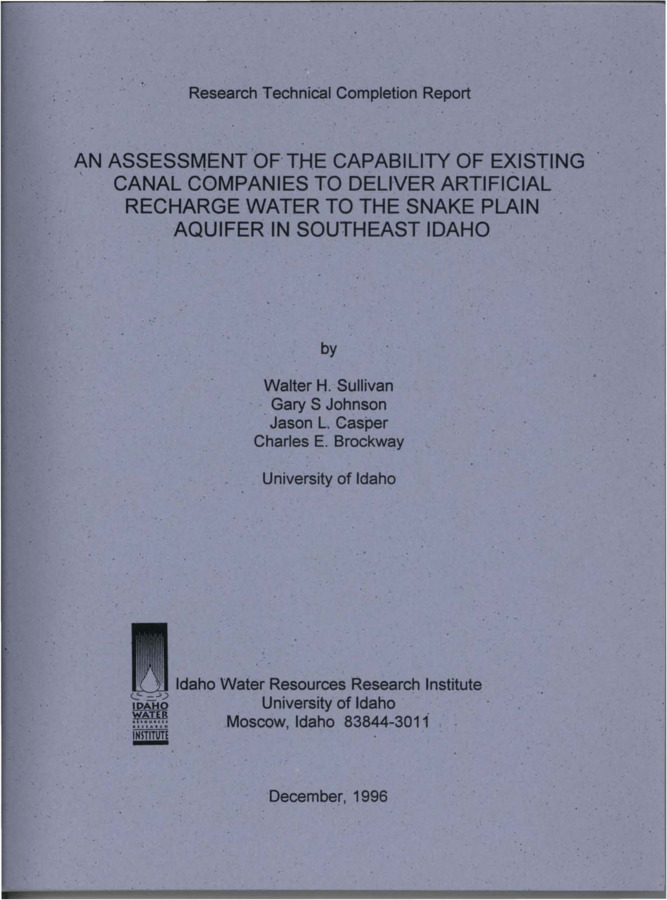 This work provides an assessment of the capability of existing canal companies to deliver artificial recharge to the Snake River Plain aquifer. Data are provided for each canal company examined in the study; as are discussions of the limitations and technical challenges inherent in artificial recharge of the aquifer using the existing delivery systems. Recharge capabilities documented in this report are limited to the major canal systems overlying the Snake River Plain aquifer. Recharge opportunities or potential associated with new projects or developments, and the numerous smaller diversions were not addressed. This study addresses the capability of existing canal systems to deliver artificial recharge, assuming water is available. Water availability is an important consideration, since it is possible to have conditions where canal capability to deliver water to a recharge sites exceeds the availability of water to do so. Data for this study were obtained from existing canal company operating records held by Water District No. 1 and by interviews with canal company managers. Results of these interviews are documented in respective reports for each company, which are included as appendices to this study.