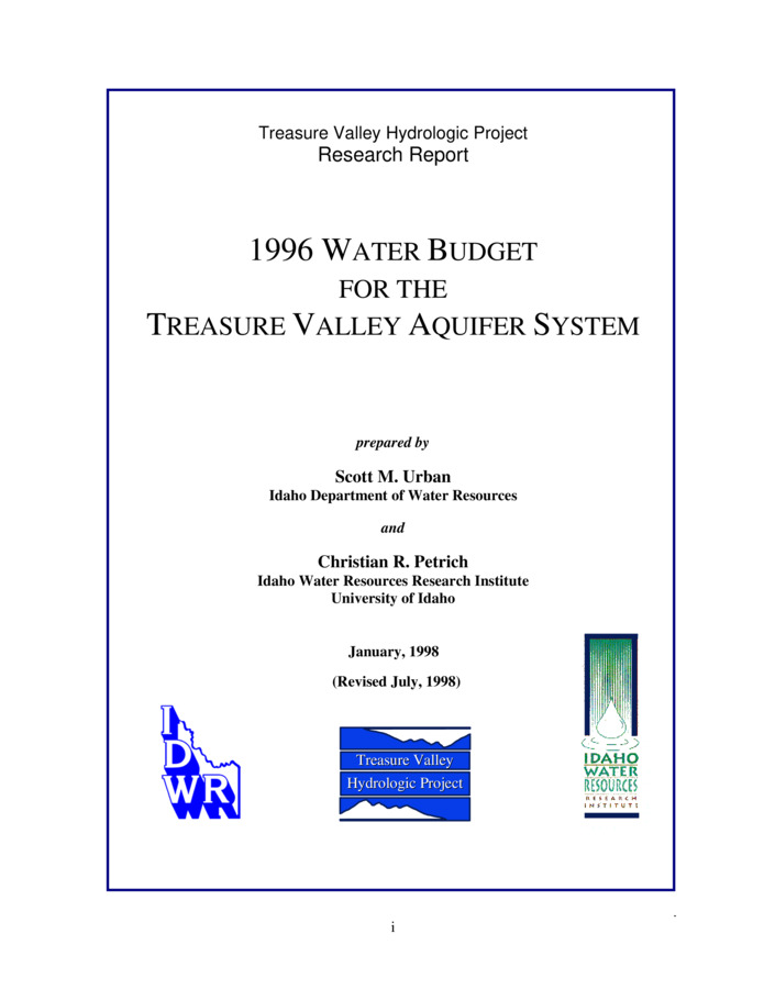 This report presents a water budget for the Treasure Valley aquifer system for the calendar year 1996. The water budget provides an estimate of the current balance between total aquifer withdrawals and discharge, aquifer recharge, and changes in aquifer storage. Specific objectives for this water budget were to (1) define major water budget components, (2) estimate inflows and outflows for the Treasure Valley aquifer systems, (3) describe, where possible, the spatial characteristics of the water budget data, (4) create, where possible, GIS coverages of the water budget data, and (5) create input files (e.g., recharge, withdrawals and ET) for the Treasure Valley ground water flow model. The water budget includes estimates of recharge to the Treasure Valley aquifer system, and estimates of ground water discharge. The report outlines specific water budget components, and provides estimates of aquifer recharge and discharge rates. The water budget also provides data for the development of a numerical ground water flow model for the Treasure Valley aquifer system. Aquifer recharge and ground water pumping rates are model inputs. The water budget also provides a basis for model calibration (simulated recharge and discharge rates should correspond with observed rates). The report concludes with a discussion of the water budget findings and a list of recommendations for improving the water budget. Published January, 1998; revised July, 1998.