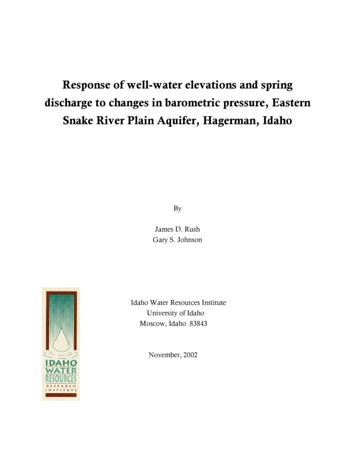 The effect of barometric pressure change on well-water levels was identified in four wells penetrating the Eastern Snake River Plain [ESRP] aquifer between Milner Dam and King Hill, Idaho. Removal of barometric effects on well-water elevations allows measurement of external stresses [such as changes in drawdown during aquifer tests] that could be obscured by well-water fluctuations caused by barometric pressure changes. Multiple-regression deconvolution reveals that the wells penetrate confined aquifers and that well-water levels in one well are affected by wellbore storage or skin effects. Application of a simple linear regression model between barometric pressure and spring discharge at National Fish Hatchery #15, Blind Canyon Springs, and Sand Springs suggests that changes in spring discharge may be independent of barometric pressure. Alternatively, changes in spring discharge are less than the precision of the instruments measuring discharge. Because the hydraulic gradient in parts of the ESRP aquifer is as low as 1 ft per mile [0.0002 ft/ft], the addition of atmospheric head to elevation head should be further evaluated. The use of total head [elevation head plus the atmospheric head component] may increase the accuracy of the hydraulic gradient and change the inferred direction of groundwater flow in parts of the ESRP aquifer.