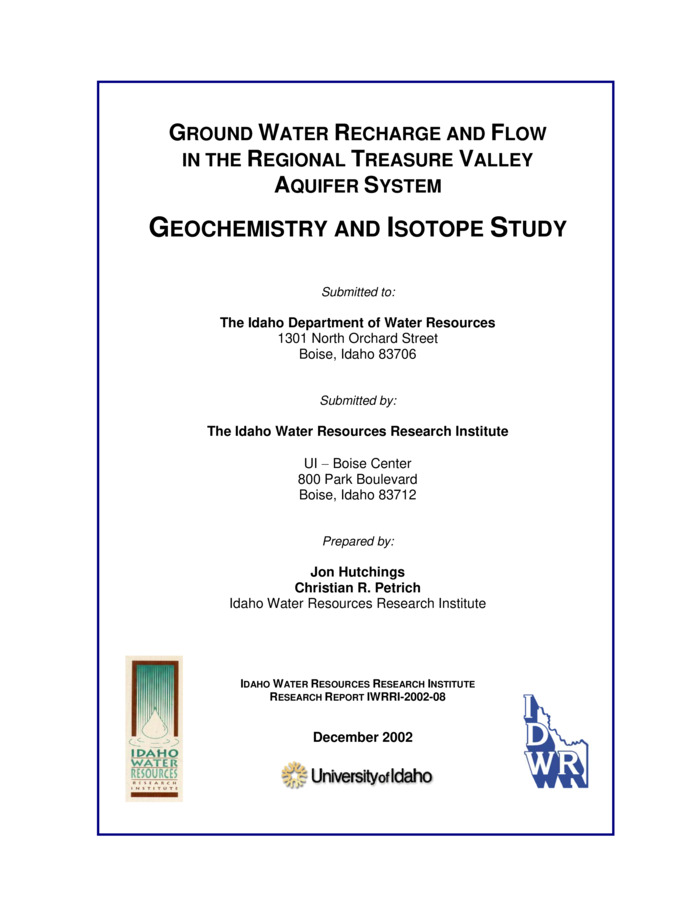 Ground water in a regional system of deep, confined aquifers is increasingly targeted for the Treasure Valley's growing municipal and industrial water needs. Additional development of these aquifers requires greater knowledge about ground water recharge and flow in the regional system. The purpose of this study was to (1) refine the conceptual model of regional ground water recharge and flow in the Treasure Valley using hydrochemical data, and (2) provide new information for estimating regional-scale hydraulic parameters. The study objectives were to: Describe hydrochemical characteristics of principal aquifers that comprise the regional ground water flow system. Assess likely sources of recharge. Examine patterns in dissolved ion concentrations and abundance of carbon isotopes along regional ground water flow paths. Determine whether known geochemical processes describe the observed patterns. Estimate residence times for regional ground waters. Results from the study show distinctive relationships between ground water chemistry and the unique depositional environments of the principal aquifers.