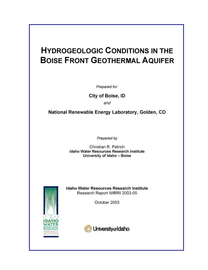 An extensive low-temperature geothermal aquifer system underlies the Boise area along the Boise Foothills. The aquifer system lies within the Boise Front Ground Water management Area. Proposed increases in thermal water use have led to concerns about potential long-term impacts to the geothermal aquifer system, and the ability of current aquifer monitoring to detect possible changes. The purpose of this study was to provide insight and tools for the long-term management of the Boise geothermal aquifer system. Specific objectives included (1) conducting a mass measurement (i.e., "simultaneous" measurement of numerous wells over a short period of time) of water levels and/or pressures in the geothermal wells, (2) developing a relational database using existing data, (3) reviewing hydrologic conditions in the aquifer, and (4) constructing a numerical model to simulate aquifer productions. The primary areas of interest for this study included the Harris Ranch, downtown Boise-Table Rock, and Stewart Gulch areas. This report provides a summary of hydrogeologic conditions in the geothermal aquifer system. A description of numerical model construction and simulations results are presented in a separate volume (Zyvoloski et al., 2003). [...] The downtown Boise-Table Rock and Stewart Gulch areas have experienced a number of water level decreases and increases since the early 1980s. Despite these observations, it is not possible to conclude that there has not been water level response in the Stewart Gulch area from geothermal withdrawals in the downtown area, or vice versa. Conceptually, faulting along the Boise Front would provide a basis for hydraulic connections between these areas. Although geothermal water in these areas has different chemistry characteristics and residence times (Mariner et al., 1989), the water shares a common source (Idaho Batholith granitics). It is conceivable that stresses from the downtown area could influence water levels in the Stewart Gulch area, or vice versa, depending on the magnitude and duration of the stress. However, such effects, if present, were not discernible in the available data from these two areas.