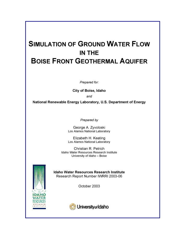 Simulations of the Boise are geothermal aquifer were conducted to determine if increased injection at the City of Boise injection well would affect the temperatures and/or water levels in other primary geothermal wells. The simulations were conducted using the FEHM computer code (Zyvoloski et al., 1997) and the PEST parameter estimation code (Doherty, 2000). The model area included the Harris Ranch, downtown Boise-Table Rock, and Stewart Gulch areas. The geothermal aquifer in this area consists of a complex series of tilted, fractured, faulted, volcanic rocks an interbedded sediments. Recharge was simulated as upward flow in fault areas and lateral flow into the model domain across the northeast boundary. Outflow included lateral flow across the southwest model boundary and discharge wells. The model grid represented a 3-dimensional flow system, with the finest discretization in the downtown Boise-Table Rock area. The model was calibrated to selected 1984 through 1992 water level data, and checked against 1984 through 2002 water level and temperature data. Scenario simulations were run for 30 and 100 years from the present, and consisted of (1) current pumping rates (base case), (2) a 50 percent increase in City of Boise withdrawals (with all increased withdrawals being re-injected). Simulation results suggest that the hydraulic impact of increased pumping/injection, if any, will be minimal. Simulations did not predict appreciable water level declines at the observed wells associated with the increased City of Boise pumping and withdrawals over the base-case simulations. Simulations of increased withdrawals and injection showed minimal impact on inter-annual head fluctuation at the Boise Warm Springs wells. The simulations indicated a possibility of some long-term temperature declines (as much as 3 degrees C, or 6 degrees F, in thirty years). Of the wells included in the model, the only wells showing any thermal changes were the CM#1 and VA Production wells.