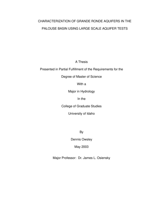 This thesis describes the results of multiple well aquifer tests conducted in the Grande Ronde aquifer within the Palouse Basin.  Based on water level decline in this aquifer, the purpose of this thesis is to investigate the hydraulic connection and basin