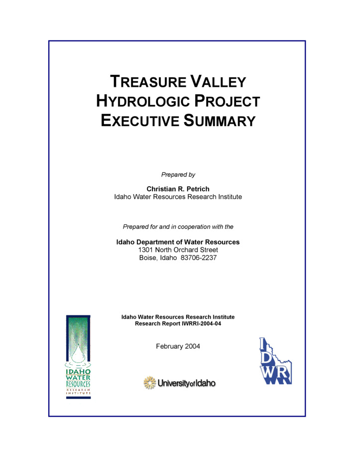 The Treasure Valley of southwestern Idaho has experienced significant population growth, local ground water declines, and periodic drought conditions in the last two decades. This led to public concern about the status and future of water resources in the valley. The following questions typify those that were asked about Treasure Valley water supplies: 1. Does the Treasure Valley have a ground water shortage? 2. How has and does land development impact Treasure Valley water supplies? 3. Where and to what degree are ground water levels declining? 4. What is the carrying capacity of the hydrologic system in the Treasure Valley? 5. How big is our aquifer system? Where are the aquifer boundaries? 6. How are shallow and deep aquifers connected? 7. How are Treasure Valley aquifer systems recharged and where does the recharge occur? 8. How susceptible is the Treasure Valley aquifer system to contamination? 9. What is the degree of hydraulic connection between Treasure Valley surface and ground water? 10. Is water conservation necessary to meet future water demands? 11. Can additional tools and/or data be developed to assist local, state, and federal governments with decisions on issues that impact water resources, such as land use planning, zoning, water rights, septic tank permitting, waste treatment, etc.? The Treasure Valley Hydrologic Project (TVHP) was formed to provide technical information needed to address most of these issues and to provide a framework for future water management. The project included characterization of ground water flow in the Treasure Valley aquifer system, evaluation of flow system geochemistry, estimation of ground water residence times, and construction of a numerical model of ground water flow. The ground water flow model was used to evaluate potential changes in recharge and predict possible effects of increased ground water withdrawals.