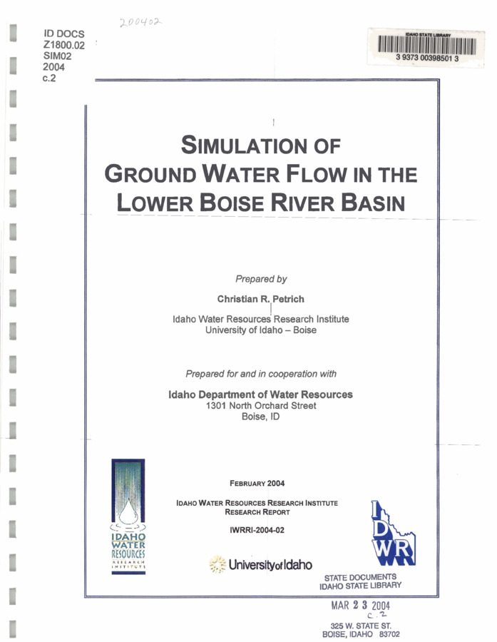 The lower Boise River basin (Treasure Valley) aquifer system consists of a series of shallow,  relatively high-permeability aquifers and a deeper, regional flow system. A numerical model of regional ground water flow was developed to evaluate (1) the effects of large-scale increases in ground water withdrawals on regional ground water levels and (2) the potential effects of altered recharge rates (associated with conversion of agricultural to urban land use) on regional ground water levels.  The model was constructed using the three-dimensional, finite difference MODFLOW code (Harbaugh et al., 2000; McDonald and Harbaugh, 1988; McDonald and Harbaugh, 1996).  The model was calibrated under steady-state hydraulic conditions using the automated parameter estimation code PEST (Doherty, 1998; Doherty, 2000). Horizontal and vertical hydraulic conductivity parameters were calibrated to 200 averaged water level observations  and 6 actual and estimated vertical head differences.  The model calibrated with higher hydraulic conductivity values in the uppermost aquifer zones, corresponding with known areas of coarser-grained sediments. PEST-calibrated parameter values also indicated relatively high hydraulic conductivity values in areas of the  eastern and central portion of the valley associated with fluvial/deltaic deposition. Simulated fluxes between model layers in the base calibration indicated a relatively small amount of water moves vertically between model layers, especially in the lower layers. Based on simulation results, most recharge that occurred in shallow aquifer zones did not reach deeper  zones.  A 10% increase or decrease in recharge led to minimal changes in water levels or parameter  value estimates because shallow ground water levels in central portions of the basin are controlled, in part, by elevations of surface water channels. Decreased or increased recharge resulted in changes in the rates of water discharging to model drain, general head boundary (Lake Lowell), constant head (Snake River), and river (Boise River) cells. Changes in land  use that lead to decreases in shallow-aquifer recharge may not have a substantial effect on shallow ground water levels until the water table elevations remain below those of nearby  surface channels.  Simulations indicated that some ground water level declines might occur with a 20% increase in ground water withdrawals over 1996 levels. Modest simulated declines were observed in the Boise area in layers 1 and 2. Greater simulated declines were observed in the central portion of the valley (especially in the Lake Lowell area) in layers 3 and 4. The simulated  20% increase in ground water withdrawals resulted in increased losses from the Boise River (23%), decreased discharge to agricultural drains (62%), and decreased discharge to the Snake River (9%). Simulated water level declines andlor changes in mass balance  components reflected a combination of parameter uncertainty and response to a changed hydraulic stress.