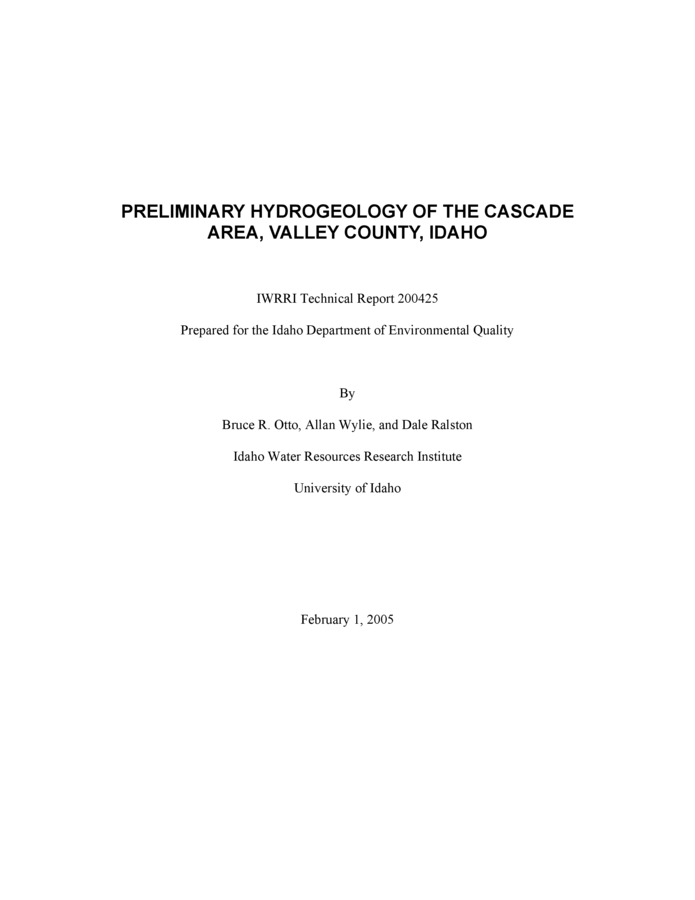 Our objective in completing this study was to provide basic hydrogeologic descriptions of the many lithologic units in the Cascade area and to provide insight relative to water supply and septic disposal issues. The descriptions include the distribution of surficial litho-geologic units and subsurface units, as well as the hydrogeologic characteristics of each unit. We chose to present these data in association with a digital geologic map in a GIS that will allow insertion of new data as they become available.