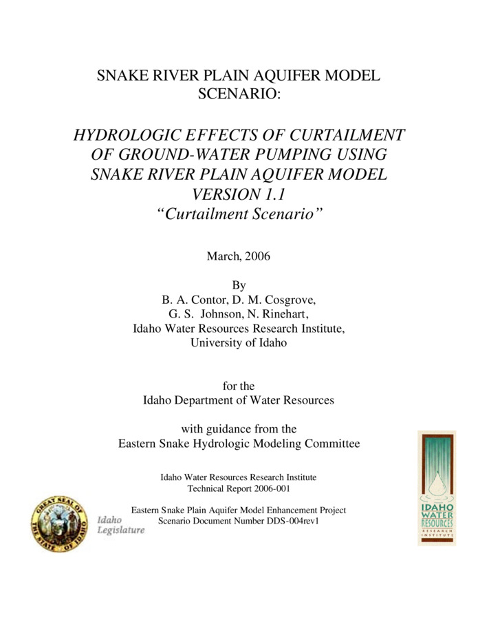 Hydrologic Effects of Curtailment of Ground-Water Pumping (also known as the Curtailment Scenario), was originally performed using version 1.0 of the Snake River Plain aquifer model [Idaho Water Resources Research Institute (IWRRI), 2004]. The Eastern Snake River Plain Aquifer Model (ESPAM) has been updated to version 1.1, and the results of re-running the Curtailment Scenario with the updated model are presented here. The Curtailment Scenario is one of many Snake River Plain aquifer model scenarios being developed to assist in resolution of conflicts among water users and guide future water management such as implementation of managed recharge. Water management should be guided by a collective perspective from many of the scenario evaluations rather than a single document. The present version of the ESPAM was developed with funding provided by the State of Idaho, Idaho Power Company, the U.S. Geological Surve y, and the U.S. Bureau of Reclamation. The model was designed with the intent of evaluating the effects of land and water use on the exchange of water between the Snake River Plain aquifer and the Snake River. This evaluation is part of the application of the model towards this purpose. This "Curtailment Scenario" is intended to answer the question "If all ground-water rights with priorities after a specified date were to be curtailed, what would the effect be on spring discharge and Snake River gains and losses?" This set of scenario simulations assesses this question for ground-water rights with priorities junior to the following dates: a) the onset of ground-water irrigation (1870) b) January 1, 1949 c) January 1, 1961 d) January 1, 1973 e) January 1, 1985. The underlying theory of this set of scenario simulations is that if all ground-water rights junior to a certain priority date were to be curtailed, benefits would be accrued to the river gains and spring discharges from the eastern Snake River Plain aquifer. These simulations illustrate the model-predicted increases in river gains and spring discharges over time. Benefit to river gains could be in the form of increased aquifer discharge to the river, decreased losses from the river to the aquifer or increased spring discharge from the aquifer. Future reference to increased river reach gains in this report will include all three of these cases.