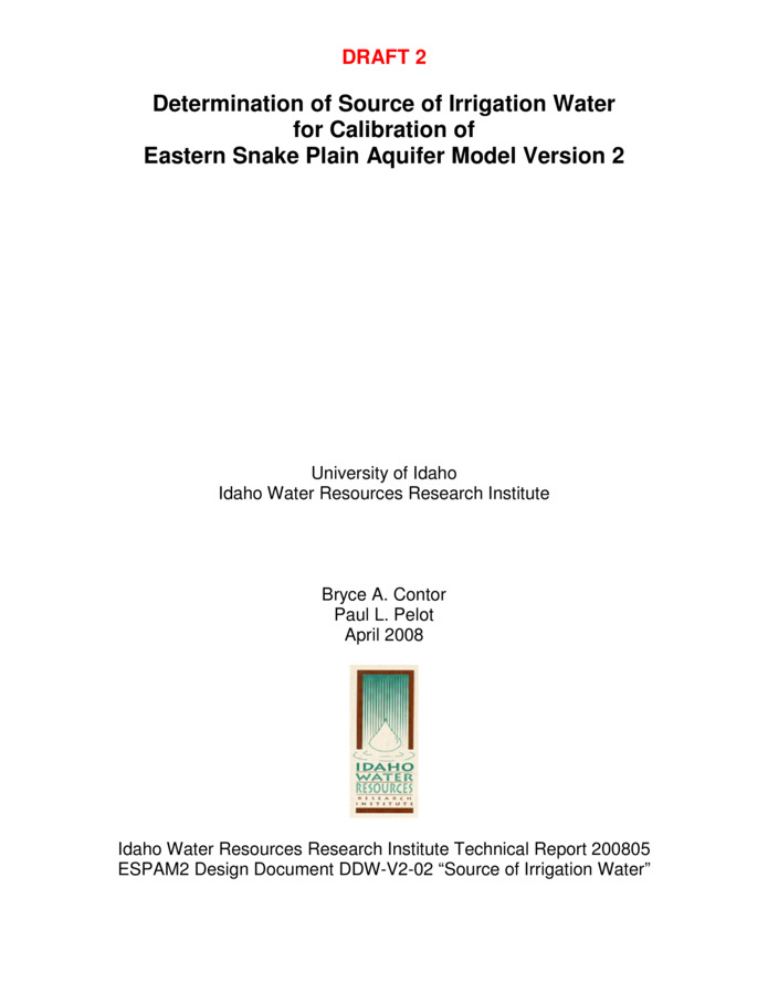 This report is a Design Document for the calibration of the Eastern Snake Plain Aquifer Model Version 2 (ESPAM 2). Its goals are similar to the goals of Design Documents for ESPAM 1.1: To provide full transparency of modeling data, decisions and calibration; and to seek input from representatives of various stakeholders so that the resulting product can be the best possible technical representation of the physical system (given constraints of time, funding and personnel). It is anticipated that for some topics, a single Design Document will serve these purposes prior to issuance of a final report. For other topics, a draft document will be followed by one or more revisions and a final "as-built" Design Document. Superseded Design Documents will be maintained in a "superseded" file folder on the project Website, and successive versions will be maintained in a "current" folder. This will provide additional documentation of project history and the development of ideas. The ESPAM1.1 Design Document stated: "Recharge from surface-water irrigation is the largest component of aquifer recharge, and a large source of model uncertainty. The second-largest component of aquifer discharge is net withdrawals (calculated as consumptive use, or evapotranspiration) due to ground-water irrigation. The source of water for individual parcels must be identified so that diverted volumes of surface water are applied to the appropriate spatial locations" (Contor, 2004). Additional parameters for water-budget calculation, such as evapotranspiration adjustment coefficients, could potentially depend on the source of water assigned to a particular parcel.