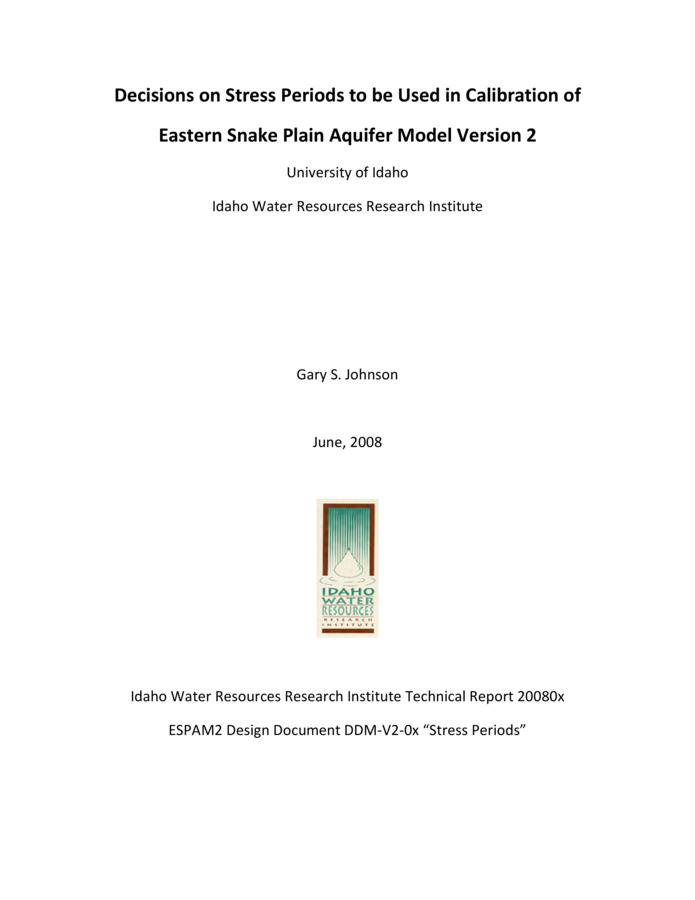 This report is a Design Document for the calibration of the Eastern Snake Plain Aquifer Model Version 2 (ESPAM 2). Its goals are similar to the goals of Design Documents for ESPAM 1.1: To provide full transparency of modeling data, decisions and calibration; and to seek input from representatives of various stakeholders so that the resulting product can be the best possible technical representation of the physical system (given constraints of time, funding and personnel). It is anticipated that for some topics, a single Design Document will serve these purposes prior to issuance of a final report. For other topics, a draft document will be followed by one or more revisions and a final "as-built" Design Document. Superseded Design Documents will be maintained in a "superseded" file folder on the project Website, and successive versions will be maintained in a "current" folder. This will provide additional documentation of project history and the development of ideas. The ESPAM 1.1 model was calibrated in 6-month stress periods over the 1980-2001 period and model results were matched to both long term and seasonal variations in aquifer head and Snake River gains and losses. All recharge and discharge events and river stage are assumed constant for the length of a stress period, although aquifer heads may be computed at more frequent time steps. In ESPAM 1.1, the stress periods were selected as May through October (higher recharge irrigation season), and November through April (lower recharge non-irrigation season). Recharge and discharge data for each stress period are assembled and processed in the GIS-Fortran based Recharge Program which will work on stress periods of different lengths. In most cases recharge and discharge data and stream stage are available at a higher frequency than semi-annual periods. During model calibration the outputs of aquifer head and river gains and losses are compared to measured or estimated values. Estimates of the aquifer properties of transmissivity (or hydraulic conductivity) and storativity are adjusted to achieve a good fit between simulated and measured values. These property estimates subsequently control model results in simulations performed to guide aquifer management and administration. A more accurate description of recharge and discharge and river stage as model input should result in a better fit to historic measured values and improved calibration of aquifer properties, ultimately generating greater reliability of management and administrative simulation results. Since recharge, discharge, and river stage must be assumed constant during a stress period, it would seem that the shorter the stress period the more accurate the representation of reality. This is true to the extent that a) data are collected at short intervals, and b) there are not unknown or unrepresented elements of storage or lag in the system.
