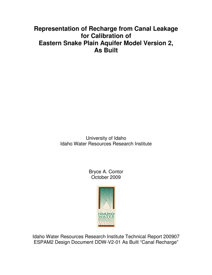 This report is a Design Document for the calibration of the Eastern Snake Plain Aquifer Model Version 2 (ESPAM 2). Its goals are similar to the goals of Design Documents for ESPAM 1.1: To provide full transparency of modeling data, decisions and calibration; and to seek input from representatives of various stakeholders so that the resulting product can be the best possible technical representation of the physical system (given constraints of time, funding and personnel). It is anticipated that for some topics, a single Design Document will serve these purposes prior to issuance of a final report. For other topics, a draft document will be followed by one or more revisions and a final "as-built" Design Document. Superseded Design Documents will be maintained in a "superseded" file folder on the project Website, and successive versions will be maintained in a "current" folder. This will provide additional documentation of project history and the development of ideas. As described in ESPAM1.1 Design Document DDW-020 (Contor, 2004), water that seeps from the bed of ditches and canals is direct recharge to the aquifer and is unavailable for delivery to farm fields1 (and therefore unavailable for crop evapotranspiration, return flows to the surface-water source, or in-field incidental recharge). Representation of recharge from canal seepage affects the spatial distribution of modeled recharge, but does not affect the mass balance of recharge or the aquifer water budget. This is because if the water were not applied to canal leakage, it would be applied as incidental recharge in the irrigated-lands calculations. If we adopt an On-Farm water budget methodology, representation of the canal seepage will alter the water budget. This Design Document outlines a proposal for treatment of recharge from canal seepage for ESPAM2. It is based on discussions in ESHMC meetings during the winter of 2007-2008 and e-mail communication from members. This is a draft document designed to describe the current proposal and solicit input.