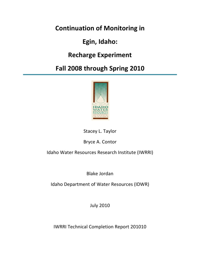 In June 2009, the Idaho Water Resources Research Institute (IWRRI) and Idaho Department of Water Resources (IDWR) produced a report on the managed recharge project conducted in Egin, Idaho entitled "Monitoring of Egin, Idaho Recharge Experiment, Fall 2008" (Contor et al. 2009). Since June 2009, Water District 01 (WD 01) and the IDWR Eastern office (also referred to as IDWR-Eastern) employees have continued the monitoring effort with some assistance from IWRRI. The Egin Lakes ponds are located near a Bureau of Land Management recreational site at the end of the Recharge Canal in southwestern Fremont County, approximately 11 miles west of the town of St. Anthony (Figure 1). Several designated monitoring wells and one private well were monitored during the recharge experiment. The study area has historically been considered a potential groundwater recharge site. Previous investigations have been conducted to determine the feasibility of recharge and benefit to the Eastern Snake Plain Aquifer (ESPA). These previous recharge studies along with the Fall 2008 recharge experiment are discussed in detail in the previous Egin report (Contor et al. 2009). The goal of this project was for WD 01 and IDWR employees to continue monitoring the managed recharge effort in the Egin Lakes study area. WD 01 and IDWR employees maintained a majority of the hand water level measurements in the wells measured during the most recent recharge experiment and measured flow in several canals. IWRRI periodically visited wells installed with transducers and downloaded the data. Bryce Contor of IWRRI spent some of his personal time measuring end of canal spill in the Egin area. NOTE: title page incorrectly identifies this as IWRRI document 201010