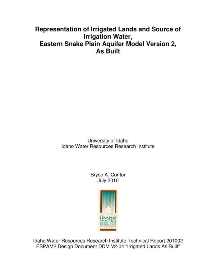 This report is a Design Document for the calibration of the Eastern Snake Plain Aquifer Model Version 2 (ESPAM 2). Its goals are similar to the goals of Design Documents for ESPAM 1.1: To provide full transparency of modeling data, decisions and calibration; and to seek input from representatives of various stakeholders so that the resulting product can be the best possible technical representation of the physical system (given constraints of time, funding and personnel). It is anticipated that for some topics, a single Design Document will serve these purposes prior to issuance of a final report. For other topics, a draft document will be followed by one or more revisions and a final "as-built" Design Document. Superseded Design Documents will be maintained in a "superseded" file folder on the project Website, and successive versions will be maintained in a "current" folder. This will provide additional documentation of project history and the development of ideas. This Design Document outlines the treatment of irrigated lands and source of irrigation water for ESPAM2. It is an "as built" document describing the water budget delivered to calibrators in June 2010, and supercedes the draft Design Document on source of irrigation water (Contor and Pelot, 2008). If additional modifications are made during calibration, this document will be amended.