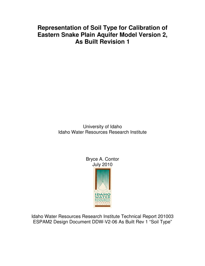 This report is a Design Document for the calibration of the Eastern Snake Plain Aquifer Model Version 2 (ESPAM 2). Its goals are similar to the goals of Design Documents for ESPAM 1.1: To provide full transparency of modeling data, decisions and calibration; and to seek input from representatives of various stakeholders so that the resulting product can be the best possible technical representation of the physical system (given constraints of time, funding and personnel). It is anticipated that for some topics, a single Design Document will serve these purposes prior to issuance of a final report. For other topics, a draft document will be followed by one or more revisions and a final “as-built” Design Document. Superseded Design Documents will be maintained in a “superseded” file folder on the project Website, and successive versions will be maintained in a “current” folder. This will provide additional documentation of project history and the development of ideas. In automated aquifer model calibration, investigators may instruct the software to attempt improvement in meeting calibration targets by adjusting specified input data. For the Non-irrigated Lands recharge data set, the desire was to give the calibration team the capability to multiply the depth of recharge by a specified factor. It was felt that it would be desirable to identify zones which could be assigned to different multipliers. Since the non-irrigated recharge calculation is based upon generalized soil type, it was desired to associate the zones for multipliers with regions of similar general soil characteristics. This design document describes the ESPAM2 representation of soil type for each model cell. It is anticipated that calculation of non-irrigated recharge and parameter estimation will be discussed in future Design Documents by IDWR personnel.