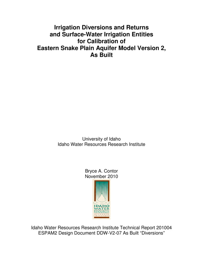This report is a Design Document for the calibration of the Eastern Snake Plain Aquifer Model Version 2 (ESPAM 2). Its goals are similar to the goals of Design Documents for ESPAM 1.1: To provide full transparency of modeling data, decisions and calibration; and to seek input from representatives of various stakeholders so that the resulting product can be the best possible technical representation of the physical system (given constraints of time, funding and personnel). It is anticipated that for some topics, a single Design Document will serve these purposes prior to issuance of a final report. For other topics, a draft document will be followed by one or more revisions and a final “as-built” Design Document. Superseded Design Documents will be maintained in a “superseded” file folder on the project Website, and successive versions will be maintained in a “current” folder. This will provide additional documentation of project history and the development of ideas. The largest source of recharge to the Eastern Snake Plain Aquifer is incidental recharge associated with surface-water irrigation. This occurs as seepage from canals and laterals, percolation below the root zone on irrigated parcels, and to some extent as seepage from drain ditches. Calculation of this impact requires knowledge of surface-water diversions. This design document summarizes the ESPAM1.1 representation and more fully describes the ESPAM2.0 representation of surface-water diversions for irrigation, along with surface returns from irrigation. It also describes the changes in surface-water irrigation entities that were made for ESPAM2.0.