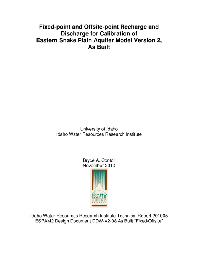 This report is a Design Document for the calibration of the Eastern Snake Plain Aquifer Model Version 2 (ESPAM 2). Its goals are similar to the goals of Design Documents for ESPAM 1.1: To provide full transparency of modeling data, decisions and calibration; and to seek input from representatives of various stakeholders so that the resulting product can be the best possible technical representation of the physical system (given constraints of time, funding and personnel). It is anticipated that for some topics, a single Design Document will serve these purposes prior to issuance of a final report. For other topics, a draft document will be followed by one or more revisions and a final "as-built" Design Document. Superseded Design Documents will be maintained in a "superseded" file folder on the project Website, and successive versions will be maintained in a "current" folder. This will provide additional documentation of project history and the development of ideas. The ESPAM1.1 recharge tools and algorithms included three mechanisms for representing fluxes between the aquifer that could be represented as singlepoint fluxes into or out of the aquifer. These were the Fixed-point data set, the Scenario-point data set and the Offsite-point data set. The Fixed-point data set (intermediate file extension *.fpt) was designed to represent fluxes that did not enter into any other water-budget calculation. In ESPAM1.1 it was used for various components in the calibration water-budget, as described below. The recharge tools simply added the values to the volume for the appropriate model grid cell and stress period, without performing calculations. Since the MODFLOW code represents all fluxes into or out of the aquifer as if they occurred exactly and only at the center of the model cell, a point data set can reasonably used for any flux that occurs, even if in reality it is spatially distributed. The Scenario-point data set (intermediate file extension *.scn) was also designed to represent fluxes that did not enter into any other water-budget calculations, but was intended specifically for hypothetical fluxes that might be considered in applying the model to scenarios to investigate hydrologic or management questions. Its treatment in the recharge tools and algorithms was identical to the Fixed-point data set, but it was not used in calibration of ESPAM1.1. The Offsite-pumping data set (intermediate file extension *.off) was designed to represent pumping from wells that were distant from the irrigated place of use, where the water was not part of diversion data included in the diversions data sets. The calculation algorithms applied this water as a pumping withdrawal and also included it in canal-seepage and irrigated-lands calculations. The Fixed-point and Offsite-point data sets are retained in ESPAM2 waterbudget calculations, with essentially the same roles and definitions. This design document describes the particular water-budget components represented using these data sets and the details of the calculations.