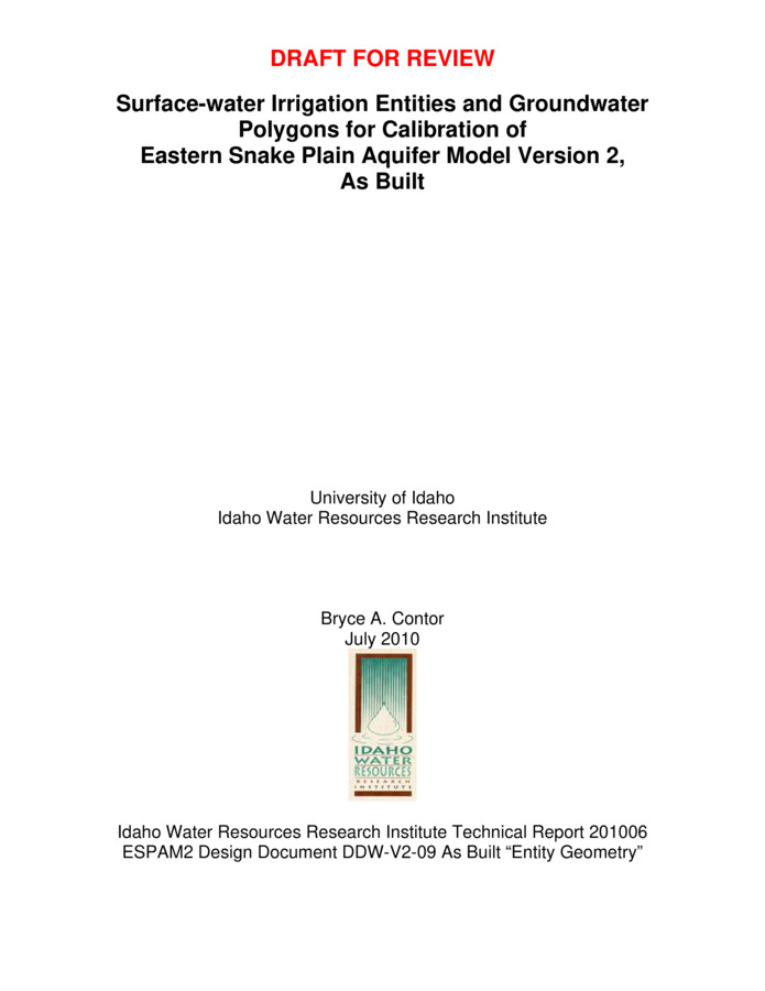 This report is a Design Document for the calibration of the Eastern Snake Plain Aquifer Model Version 2 (ESPAM 2). Its goals are similar to the goals of Design Documents for ESPAM 1.1: To provide full transparency of modeling data, decisions and calibration; and to seek input from representatives of various stakeholders so that the resulting product can be the best possible technical representation of the physical system (given constraints of time, funding and personnel). It is anticipated that for some topics, a single Design Document will serve these purposes prior to issuance of a final report. For other topics, a draft document will be followed by one or more revisions and a final "as-built" Design Document. Superseded Design Documents will be maintained in a "superseded" file folder on the project Website, and successive versions will be maintained in a "current" folder. This will provide additional documentation of project history and the development of ideas. The largest source of recharge to the Eastern Snake Plain Aquifer is incidental recharge associated with surface-water irrigation. This occurs as seepage from canals, percolation below the root zone on irrigated parcels, and to some extent as seepage from drain ditches. The second largest discharge from the aquifer is pumping for groundwater irrigation. The location and extent of irrigated lands is an important input to calculation of these components of the water budget. It is also necessary to correlate individual irrigated parcels to diversion and return data, and to various calculation and calibration parameters. This is done by assigning irrigated parcels to Irrigation Entities. Entities associated with surface-water sources are called Surface-water Irrigation Entities and entities associated with groundwater irrigation are called Groundwater Polygons. This Design Document describes the geometry of the Surface-water Irrigation Entities and Groundwater Polygons that are used to make the assignments. DRAFT.