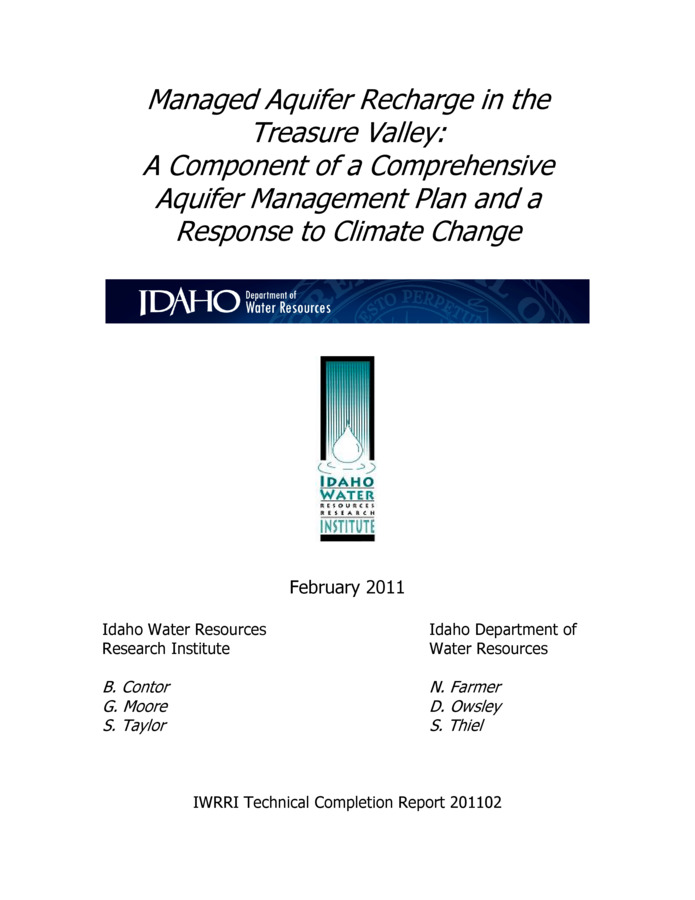 In a proactive and forward-looking step, the State of Idaho has embarked on a planning process known as the Comprehensive Aquifer Management Plan (CAMP). One of the anticipated drivers of future needs and supply constraints is climate change, and one anticipated response is to provide additional storage capacity to mitigate the effects of altered patterns of runoff from mountain snow pack. Local aquifers can potentially provide additional storage. Managed aquifer recharge means to intentionally place water in the aquifer at times when supplies exceed current needs, for later withdrawal when supplies are short. It may provide storage at lower cost than building new surface-water structures, protects water from evaporation, and does not carry the threat of catastrophic flood from infrastructure failure. Aquifer recharge can also mitigate the potential loss of surface storage capacity due to increased flooding risks posed by climate change. With a robust and active aquifer recharge program, carryover water that is at high risk of being spilled for flood-control purposes can be moved to storage in the aquifer and thereby retained in the basin for future use. This paper provides an initial look at managed recharge, to set the stage and provide context for consideration by participants in the CAMP process. It addresses: (1) Hydrogeology and current aquifer conditions. (2) Potential storage capacity of the Treasure Valley Aquifers available for managed recharge. (3) Location of potential recharge sites. (4) Capacity to deliver water to the recharge sites. (5) Approximate residence time of water stored in the aquifer, before it is depleted by migration to hydraulically-connected surface-water bodies.