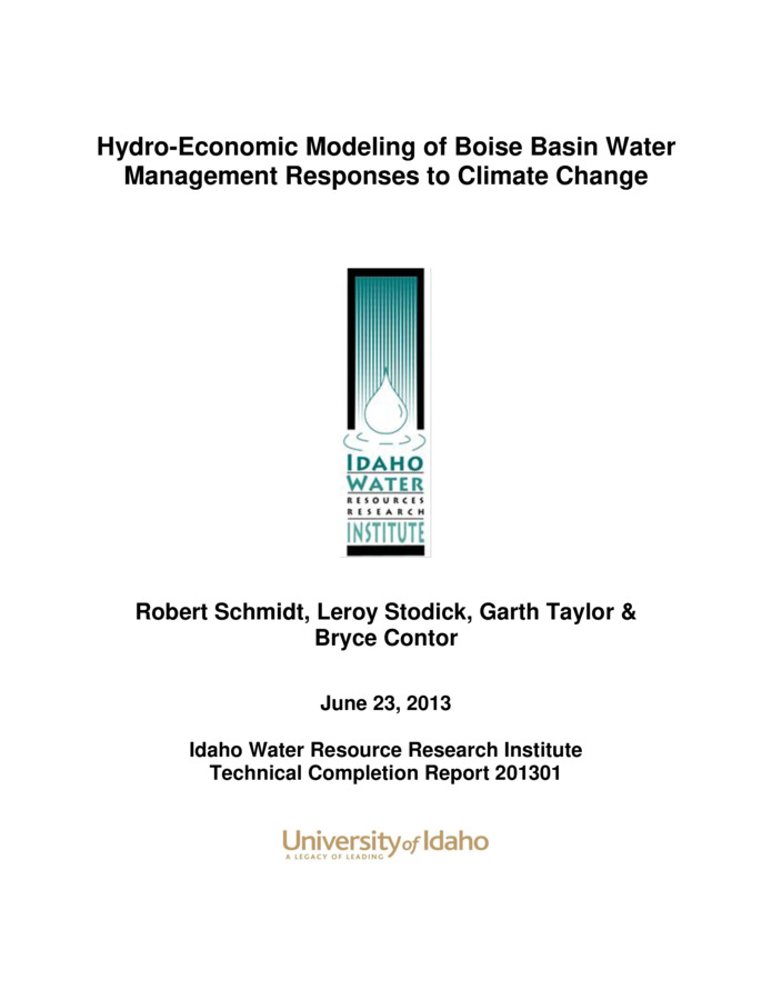 This report presents a hydro-economic modeling methodology for conducting benefit-cost analysis of water management responses to climate change. Three hydro-economic modeling scenarios are developed. The first estimates the affects of projected climate change water shortages on the basin-wide economic benefit in the Lower Boise River Basin. The next two are representative of typical demand management and supply management responses to climate change; respectively, introduction of new canal lining conservation measures or new reservoir storage. Boise Project groundwater and drain return response zones in the lower basin are identified and marginal demand-price and supply-cost functions are developed for Project canal irrigators and non-Project groundwater and drain water irrigators using river/reservoir and groundwater hydrologic model response data. Flood flow probability and damage functions are used to develop marginal utility functions for new flood control storage. Irrigation and flood control demands are not requirements. All demand functions are developed assuming demand-price elasticity. The base-case equilibrium price-quantity positions and consumer surpluses of Project and non-Project irrigators are calculated using a partial equilibrium (PE) economic model in which all factors of production except for water are held fixed. Subsequent PE model scenarios impose varying climate constraints on irrigation water supplies, along with a progression of new Boise Project canal lining conservation measures, and/or the addition of new Boise River reservoir storage. Rival demand is assumed to exist for new storage, which can be released prior to April 1 to meet demand for flood control, or after April 1 as natural flow to meet demand for irrigation. Preliminary Reclamation and Corp of Engineers construction cost estimates for new Boise Project canal lining and new reservoir storage are used calculate benefit-cost ratios, in which net basin-wide benefits of alternative responses to climate change are derived from hydro-economic modeling.