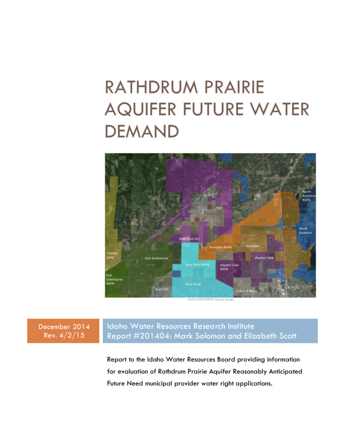Thirty-one municipal water providers deliver groundwater to 107,660 people over and adjoining the Rathdrum Prairie Aquifer (RPA) in northern Idaho. In 2014, the Idaho Legislature appropriated $500,000 to the Idaho Water Resources Board (IWRB) "to conduct joint water need studies in coordination with Northern Idaho communities to ensure water availability for future economic development". The Idaho Water Resources Research Institute (IWRRI) was contracted to conduct the studies and report to IWRB and RPA municipal providers. The goal of the contract and this report is to provide underlying information necessary to support potential Reasonably Anticipated Future Need (RAFN) water right applications from RPA municipal providers.  Idaho Code authorizes municipal water providers to hold RAFN water rights to provide for future growth and economic development. There are four components of an application for a RAFN right: delineation of the future service area, a planning horizon, a future water demand projection, and a water right gap analysis to determine the extent of the RAFN right to be applied for.  Approximately 85,000 acre foot (AF) annually is withdrawn from the RPA for municipal, domestic, commercial, industrial, and agricultural use. Of that, 36,400 AF is withdrawn by RPA municipal providers with eleven providers supplying water to 95% of the RP population. Ten providers anticipate either applying for RAFN rights, or identified potential service area overlaps with other providers. After mediated resolution of overlaps and terms of service, a Memorandum of Understanding identifying future RPA municipal water provider service areas was negotiated and signed by all ten municipal providers.  Population served by the eleven major RPA municipal providers is projected to increase by 87,671 over the 30-year planning horizon. The area served will increase from 78.9 square miles to 156.9 square miles. Relatively low to medium density (&lt;1-4 units/acre) development of both ACI and rural areas is likely to constitute roughly 80-85% of new residential development. Existing cities and their Areas of City Impacts (ACI), along with urban reserves, will likely see a small amount (up to 5%) of higher intensity, compact development both within the city centers and at nodes along existing arterial and collector corridors within ACIs and in rural portions of the county. The Maximum Daily Demand will increase by 61.53 cfs, and the Peak Hourly Demand will increase by 171.81 cfs. RAFN rights totaling 58.86 cfs are required to meet the 2045 MDD of five RPA municipal providers. The  rights are offset by a decrease of 103.74 in MDD required rights among six other RPA municipal providers. RAFN rights totaling 264.69 cfs are required to meet the 2045 PHD of ten RPA municipal providers. The RAFN rights are offset by a decrease of 32.86 cfs in PHD required rights for one RPA municipal provider. Storage may offset some or all of the PHD RAFN needs of four providers with above ground storage capacity depending on individual provider water storage Management Policy.   Appendix A: RPA RAFN Service Area Memorandum of Understanding.  Appendix B: Rathdrum Prairie Aquifer 2014 Demand Update.  Appendix C: RPA RAFN Water Right Gap Analysis.  Appendix D: Rathdrum Prairie Water Provider Reports.