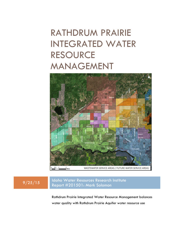The Rathdrum Prairie Integrated Water Resource Management plan is a living document to be revisited,  reviewed and updated as new information becomes available and as community water resource needs and objectives change. Integrated Water Resource Management (IWRM) planning is most often conducted to balance future demands on water supply among various user groups reliant on the same water source(s). On the Rathdrum Prairie (RP), an additional significant constraint presents itself: water quality. As described in detail in Rathdrum Prairie Aquifer Future Municipal Water Demand, future RP demand is driven by growth in municipal use and consequent decrease in agricultural irrigation as cropped land is converted to residential and commercial use. A potential constraint on municipal growth and demand is the vulnerability of the Rathdrum Prairie Aquifer (RPA) and the Spokane River to pollutant loading. An additional constraint on RPA use is political in nature: effects of RPA withdrawals on aquifer discharge to the Spokane River down-gradient in Washington State. This IWRM plan will analyze the interactions between RP municipal growth and the physical, regulatory and sociopolitical constraints on RPA municipal water demand.  The RPIWRM is based on three reports created for the IWRM planning process: the Rathdrum Prairie Aquifer Future Municipal Water Demand, an update to the Rathdrum Prairie Wastewater Master Plan  (Appendix A), and a municipal wastewater industrial reuse report (Appendix B). Additional analysis includes river management, municipal stormwater discharge and infiltration, and on-site residential wastewater disposal. The IWRM is informed and set in the context of local land use planning and water quality regulation.  Integrated water resource management analysis indicates: * RPA water supply is sufficient to meet projected demand * Existing municipal wastewater treatment plants have or are building sufficient capacity to handle predicted growth within the Area of City Impacts for Coeur d'Alene, Post Falls, Rathdrum and Hayden for current regulated pollutants * Addition of PCBs or other constituents of emerging concern (CEC) to pollutants regulated by Spokane  River Municipal Wastewater Treatment (MWWT) NPDES permits may drive institution of seasonal land application as the final disposal option for MWW effluent * Population expansion and attendant increase in water demand predicted for the Greenferry Water and Sewer District south of Post Falls is unlikely to occur without appropriate wastewater treatment options * Population expansion predicted for North Kootenai Water and Sewer District north of Hayden may be delayed by difficulty in changing land use zoning to support higher density development * Industrial reuse of treated MWW is feasible but unlikely unless the regulatory environment or water supply availability changes * Legislative clarification of 42-201(8) is necessary to clearly identify that industrial reuse of MWW effluent is automatically permitted as a water right * The volume of stormwater discharge to surface water will decrease * Infiltration of stormwater runoff is not significantly decreasing RPA water quality * Critical low flows in the Spokane River at the Spokane gage will be only marginally affected by water use and discharge flows on/from the Rathdrum Prairie * Effective IWRM for the RPA necessitates extension of IWRM to include the interests of Washington  State, the Spokane Tribe, the Coeur d'Alene Tribe, and Avista Corporation