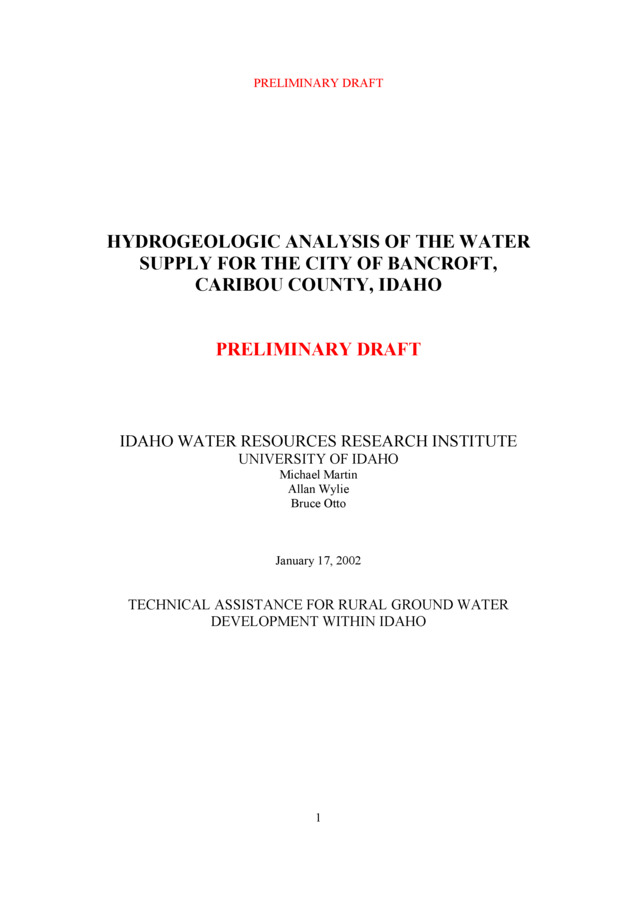 Nitrate and fecal coliform occur in the Bancroft city water supply wells.  This report summarizes a study at the IWRRI Technical Assistance for Rural Ground Water Development Within Idaho project team completed to assist the city in mitigating this problem.  The study provides hydrogeologic data accommodating these specific objectives: 1) Delinate the aquifer supplying water to the Bancroft wells and the location of recharge for this aquifer. 2) Determine possible sources of contamination that may cause the water quality problems.  3) Identify possible ground water targets available for future development.  4) Determine the reliability of the new water supply source.