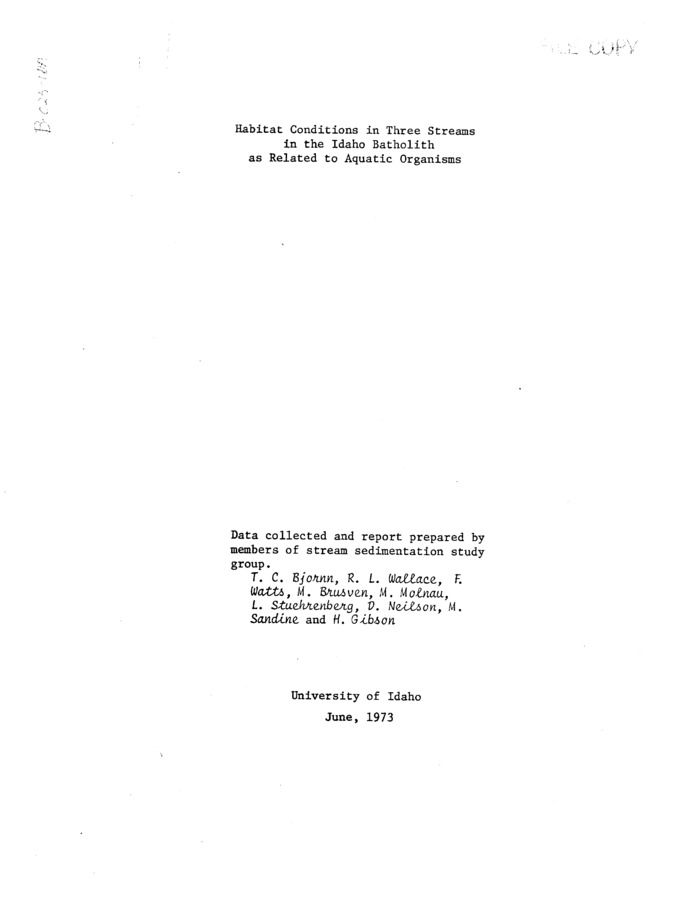 The following is a report of a study of sediment transport in stream channels and its effects on the aquatic biota. There are two major phases of this study, the laboratory stream channels and field studies of natural stream channels. This report summarizes our findings of the field studies for summer, 1972.
