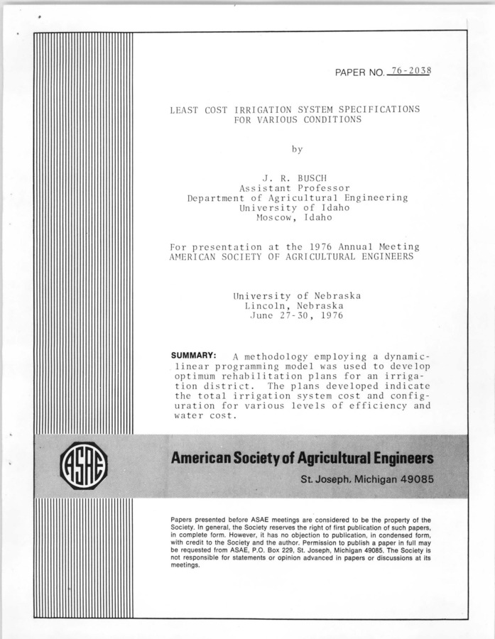 A methodology employing a dynamic linear programming model was used to develop optimum rehabilitation plans for an irrigation district. The plans developed indicate the total irrigation system cost and configuration for various levels of efficiency and water cost. For presentation at the 1976 Annual Meeting, American Society of Agricultural Engineers, Lincoln, Nebraska; June 27-30, 1976