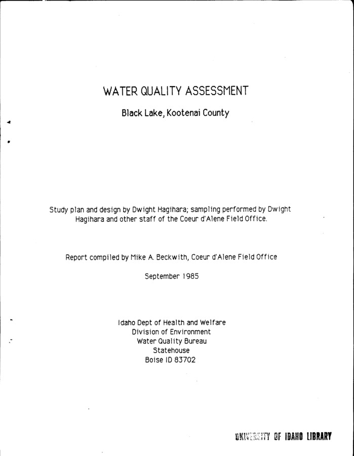 The purpose of the water quality assessment of Black Lake was to characterize lake water quality and the toxic blooms of nuisance blue-green algae which have occurred during the fall in two of the four years ( 1981 and 1982).