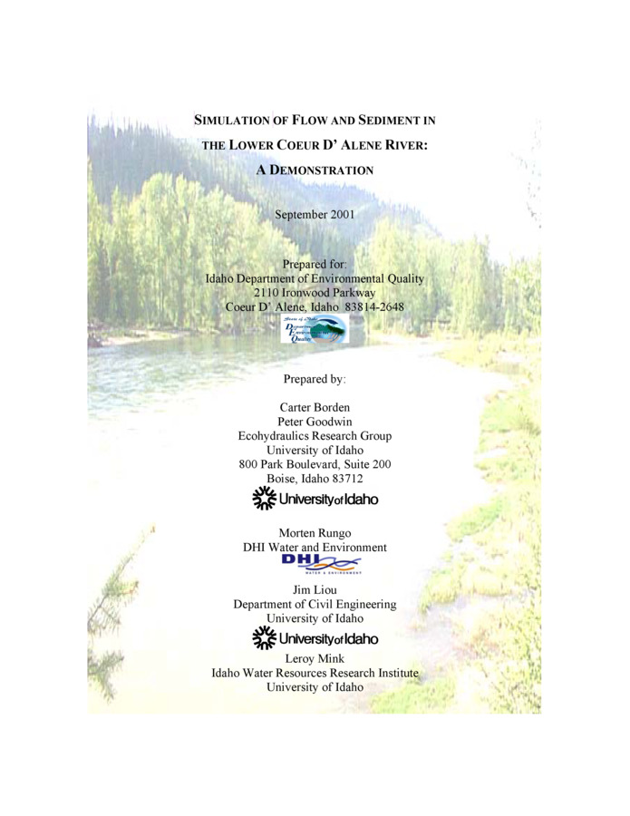 This report describes an initiative by the Idaho Department of Environmental Quality (IDEQ) to develop a demonstration of numerical modeling technology for routing of water and sediment discharge through the lower Coeur Dï¿½Alene (CDA) River. Included in this report is a brief description of the numerical model used for the demonstration, summaries of data and assumptions that went into the model setup, results from the modeling effort, and the data gaps that need to be filled in order to develop a calibrated model for the study reach. The model setup for this project is only a demonstration, but is anticipated to provide the foundation for developing a fully calibrated model that could be used as a tool for management decisions in the CDA River remedial activities.